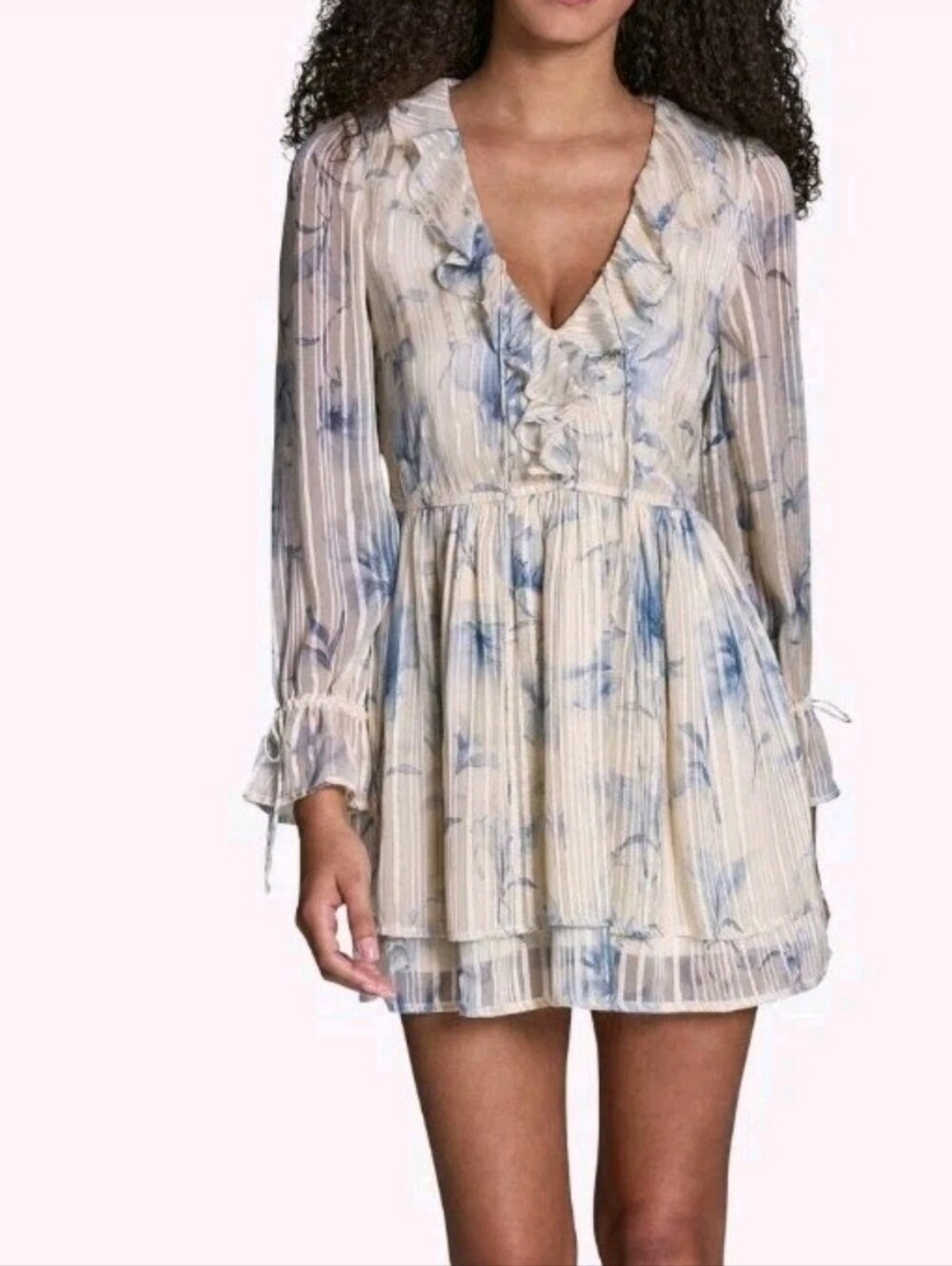 BCBG Size 12 Blue & White Metallic Chiffon Long Sleeve Short Dress Msrp $118